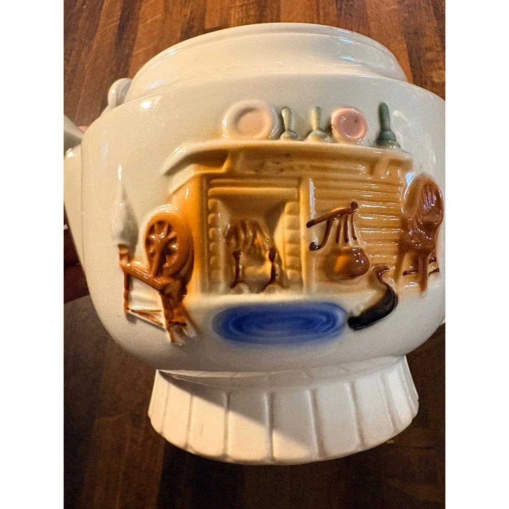 Vintage Porcelier Vitreous‎ China Teapot Raised Relief Hearth Scene Made in USA